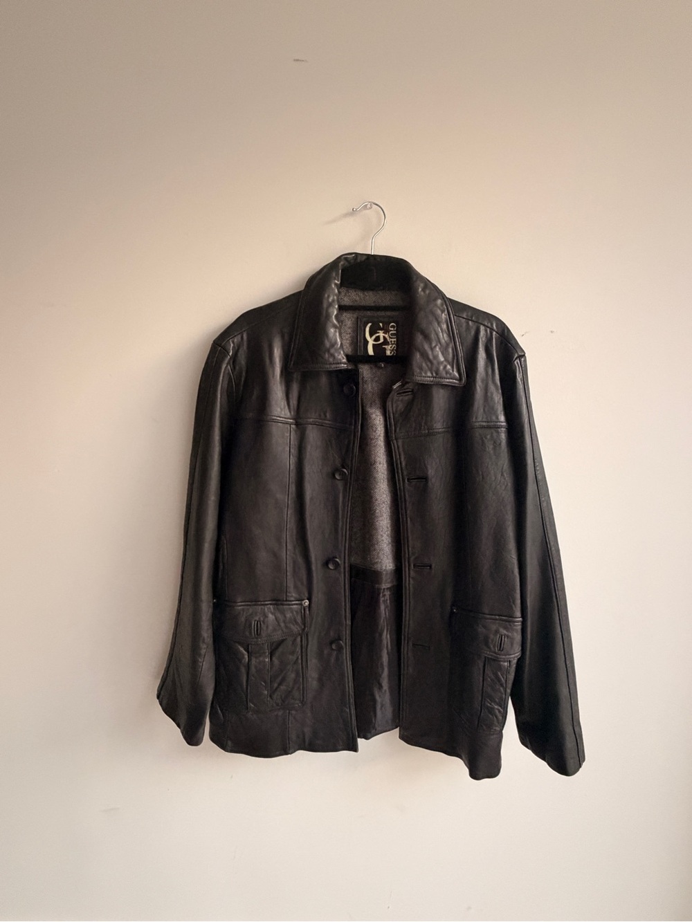 Vintage Guess Men’s Black Leather Jacket
